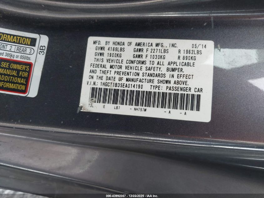 2014 Honda Accord Lx-S VIN: 1HGCT1B35EA014190 Lot: 43992357