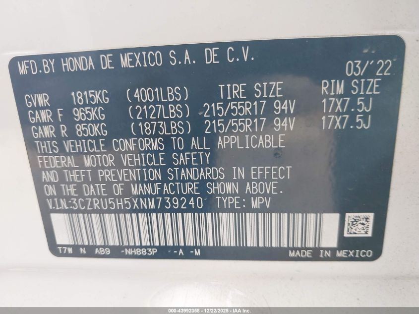 2022 Honda Hr-V 2Wd Ex VIN: 3CZRU5H5XNM739240 Lot: 43992358