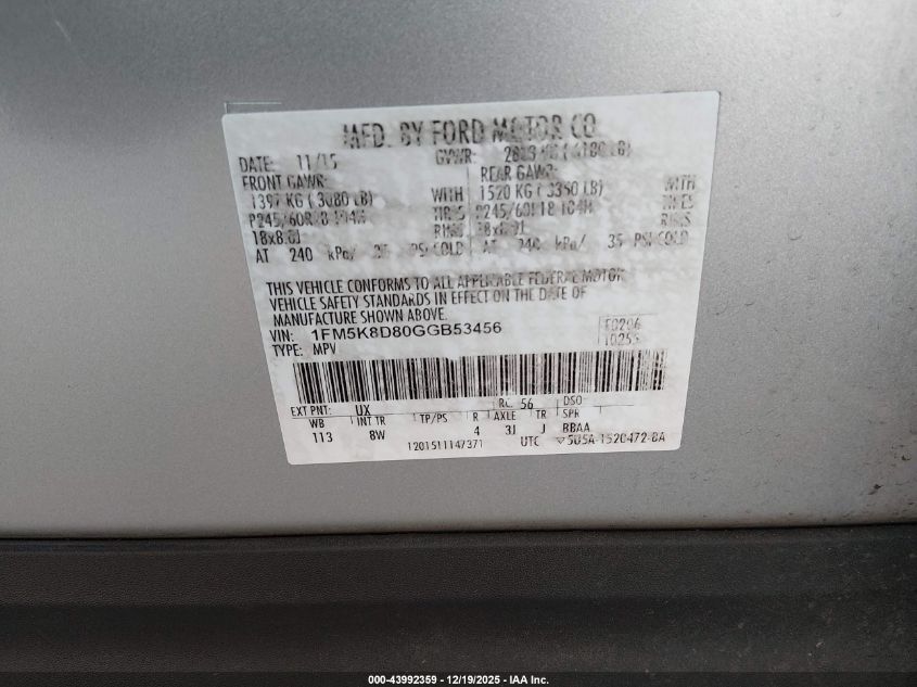 2016 Ford Explorer Xlt VIN: 1FM5K8D80GGB53456 Lot: 43992359