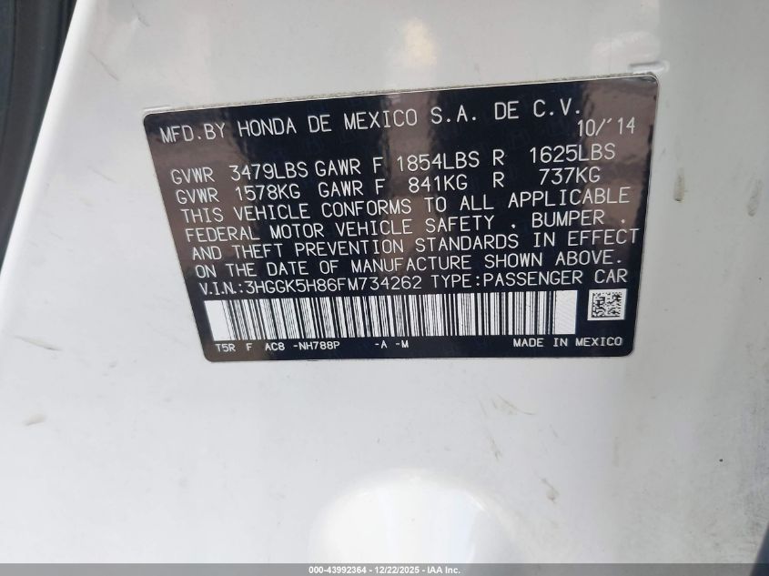 2015 Honda Fit Ex/Ex-L VIN: 3HGGK5H86FM734262 Lot: 43992364