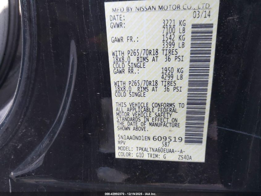 2014 Nissan Armada Platinum/Sl/Sv VIN: 5N1AA0ND1EN609519 Lot: 43992370