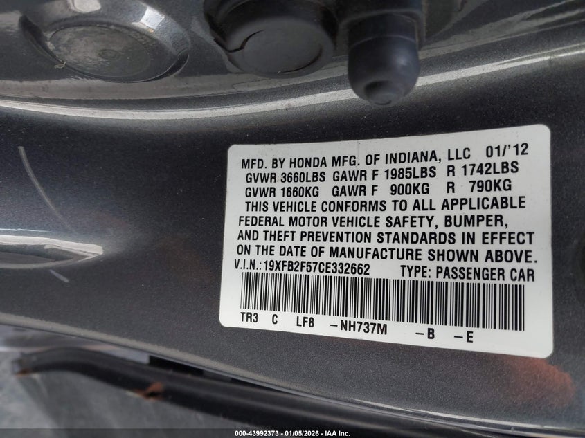 2012 Honda Civic 1.8 Lx grey Lot 111043992373 Vin 19XFB2F57CE332662