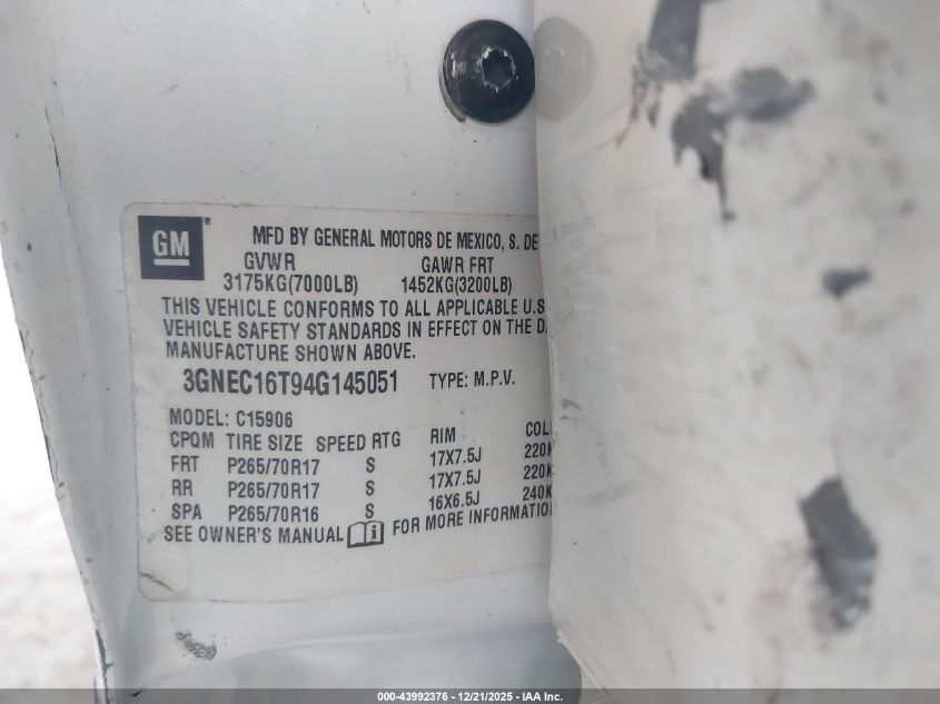 2004 Chevrolet Suburban 1500 Lt VIN: 3GNEC16T94G145051 Lot: 43992376