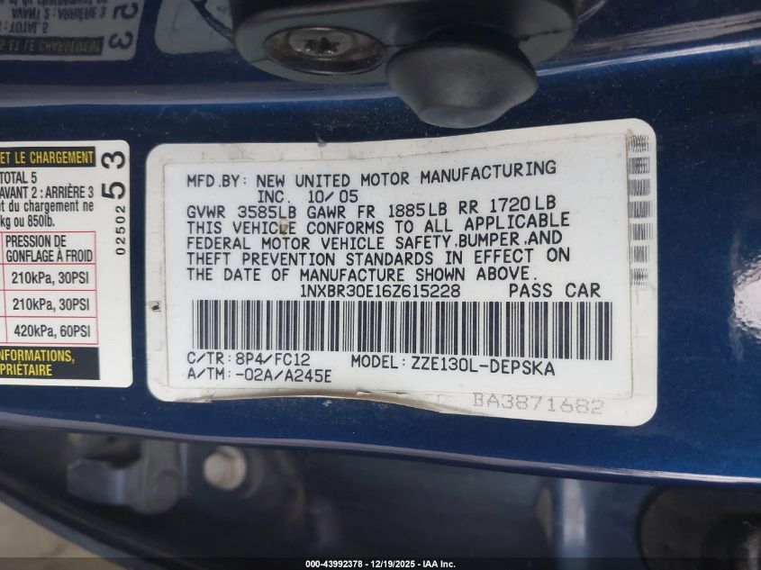 2006 Toyota Corolla S VIN: 1NXBR30E16Z615228 Lot: 43992378