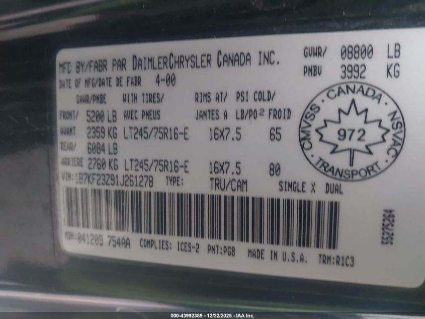 2001 Dodge Ram 2500 St VIN: 1B7KF23Z91J261278 Lot: 43992389