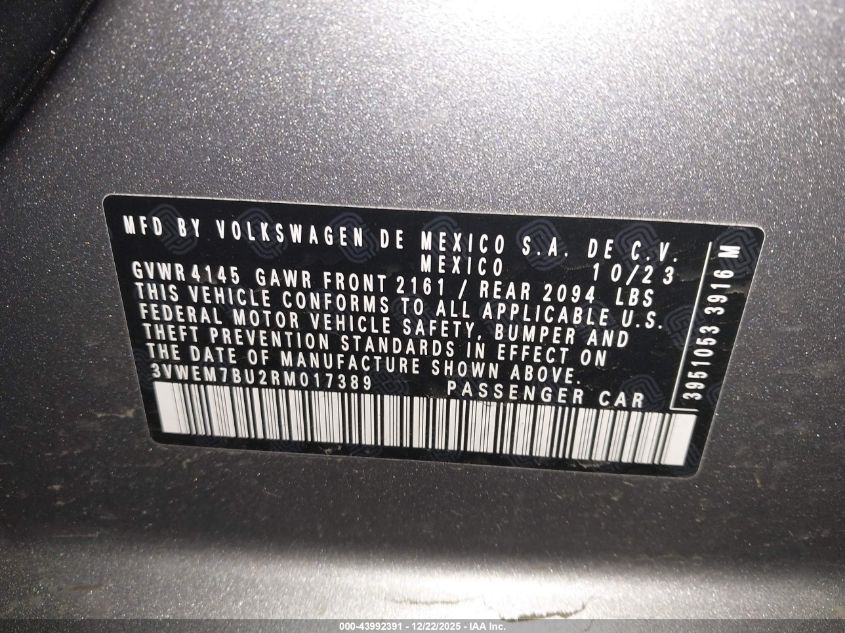 2024 Volkswagen Jetta 1.5T Se VIN: 3VWEM7BU2RM017389 Lot: 43992391