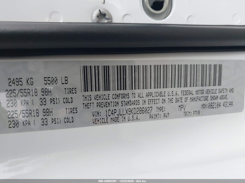 VIN 1C4PJLLX9KD286027 2019 JEEP CHEROKEE ALTITUDE FWD