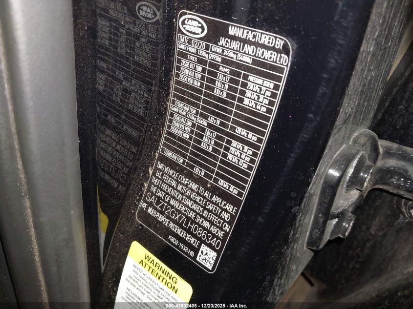 2020 Land Rover Range Rover Evoque R-Dynamic S VIN: SALZT2GX7LH086340 Lot: 43992405