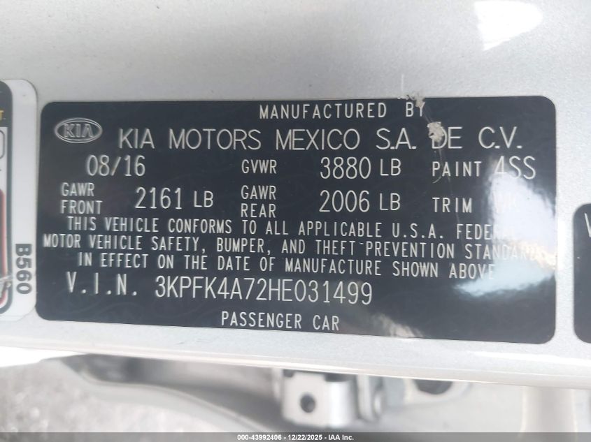 2017 Kia Forte Lx VIN: 3KPFK4A72HE031499 Lot: 43992406