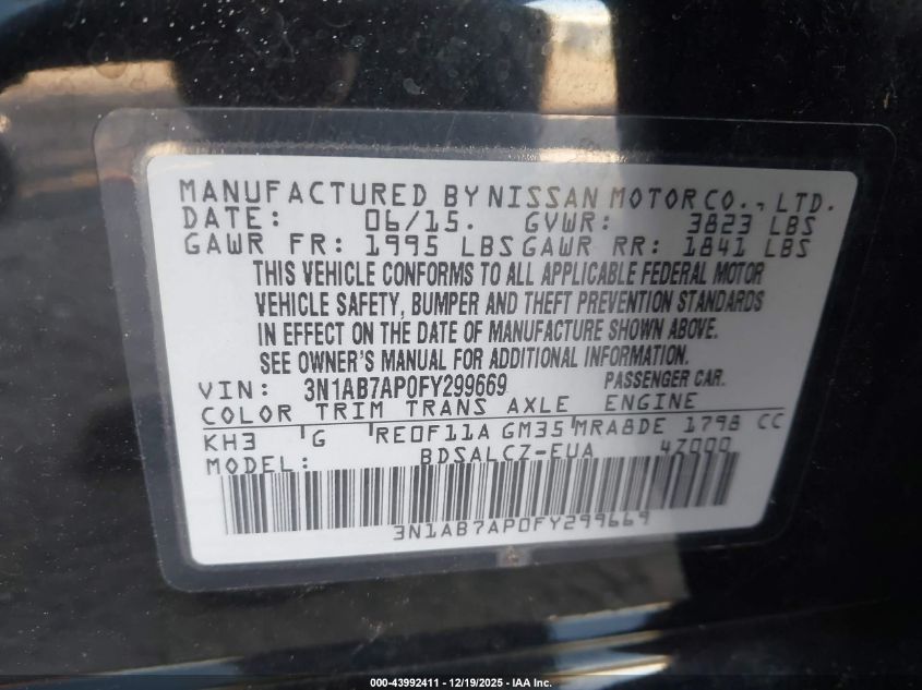 2015 Nissan Sentra S VIN: 3N1AB7AP0FY299669 Lot: 43992411