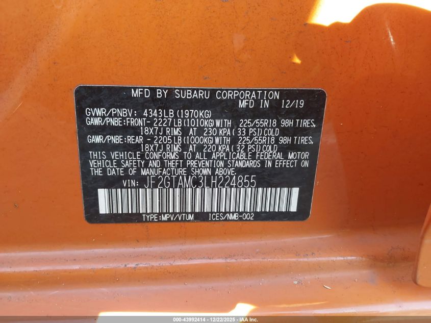 2020 Subaru Crosstrek Limited VIN: JF2GTAMC3LH224855 Lot: 43992414