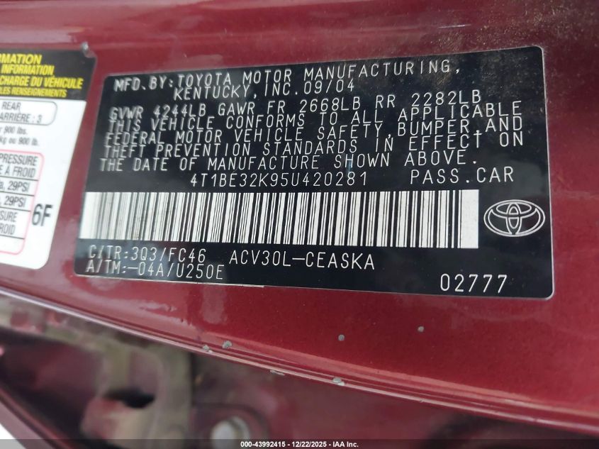 2005 Toyota Camry Se VIN: 4T1BE32K95U420281 Lot: 43992415