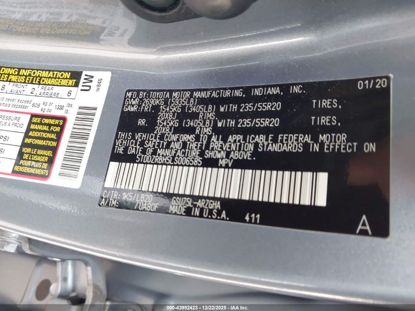 2020 Toyota Highlander Limited VIN: 5TDDZRBH5LS006585 Lot: 43992423