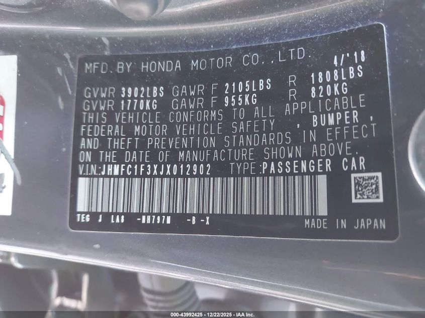 2018 Honda Civic Ex-T VIN: JHMFC1F3XJX012902 Lot: 43992425