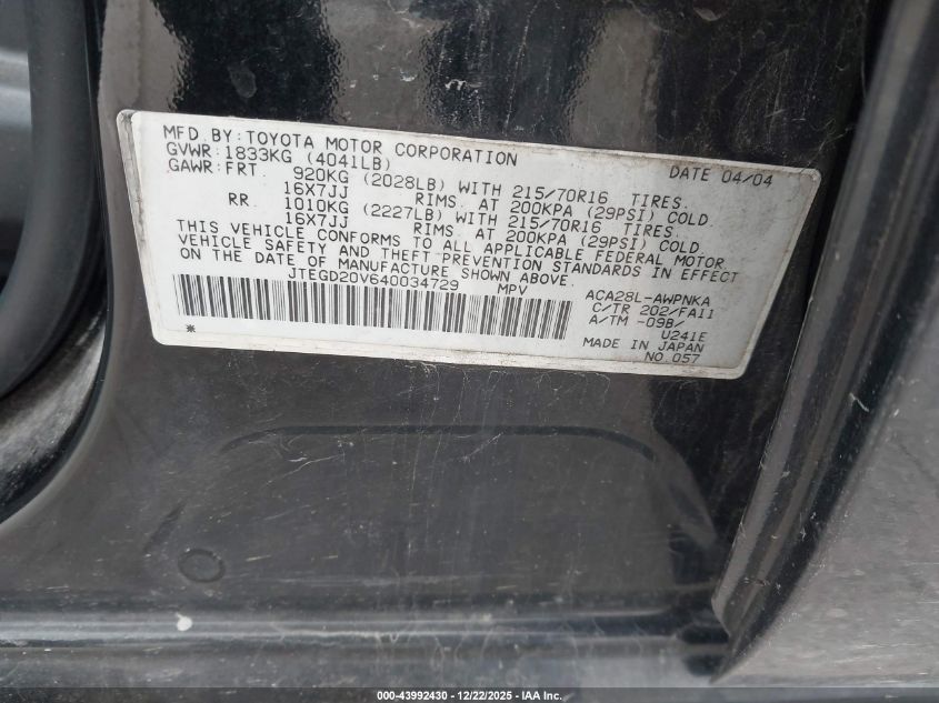 2004 Toyota Rav4 VIN: JTEGD20V640034729 Lot: 43992430