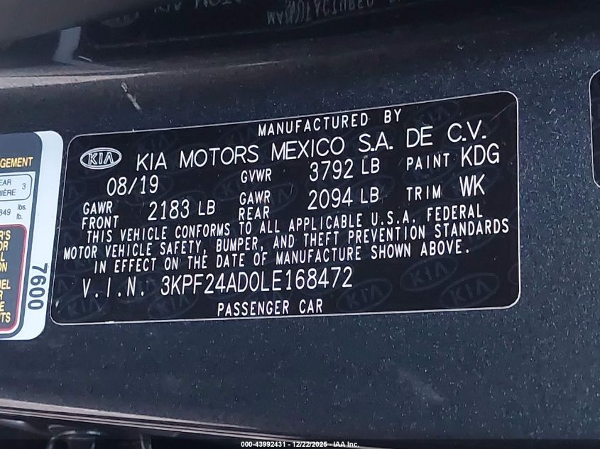 2020 Kia Forte Fe VIN: 3KPF24AD0LE168472 Lot: 43992431