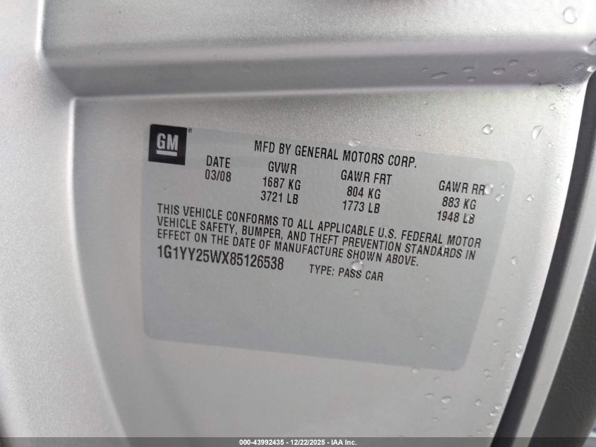 2008 Chevrolet Corvette VIN: 1G1YY25WX85126538 Lot: 43992435