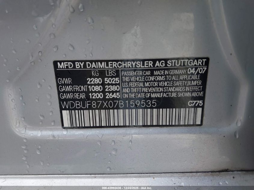 2007 Mercedes-Benz E 350 4Matic VIN: WDBUF87X07B159535 Lot: 43992436