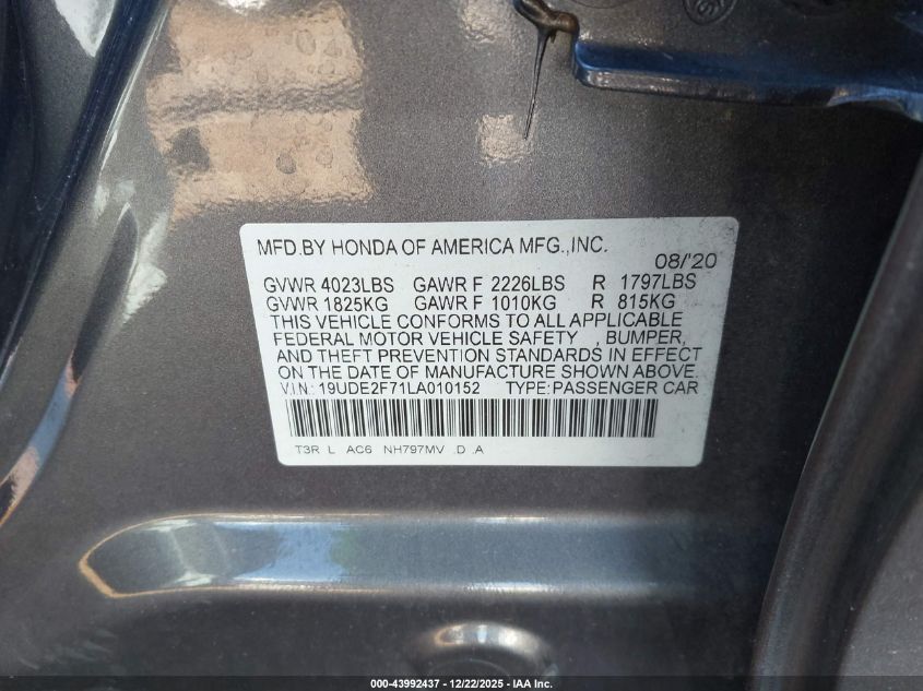 2020 Acura Ilx Premium Package/Technology Package VIN: 19UDE2F71LA010152 Lot: 43992437