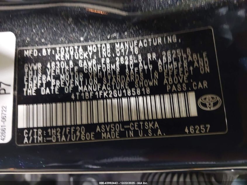 2016 Toyota Camry Se VIN: 4T1BF1FK2GU185818 Lot: 43992443