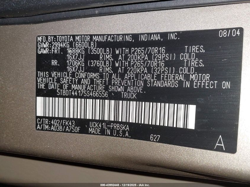 2005 Toyota Tundra Sr5 V8 VIN: 5TBDT44175S466556 Lot: 43992448