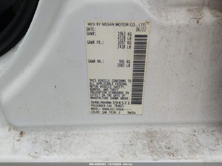 2022 Nissan Altima S Fwd VIN: 1N4BL4BV0NN394521 Lot: 43992453