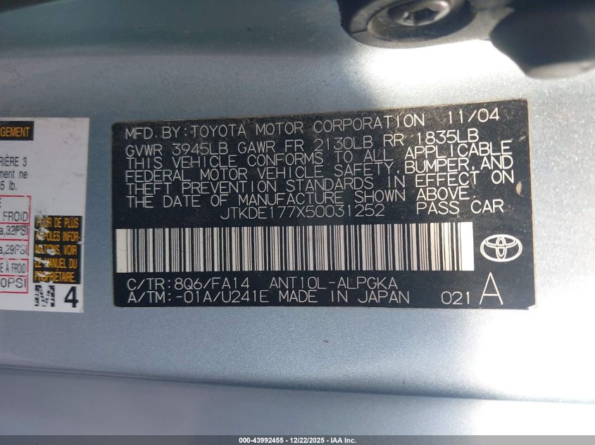 2005 Scion Tc VIN: JTKDE177X50031252 Lot: 43992455