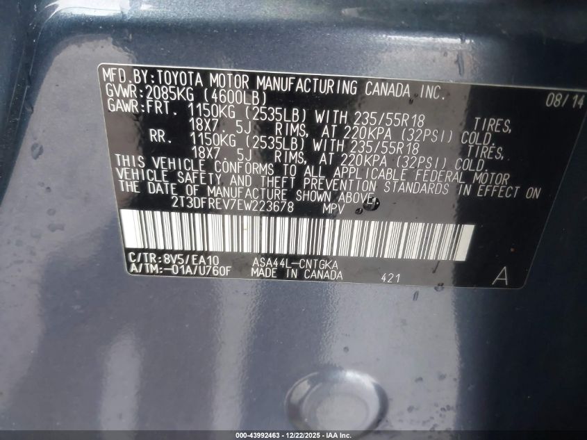 2014 Toyota Rav4 Limited VIN: 2T3DFREV7EW223678 Lot: 43992463