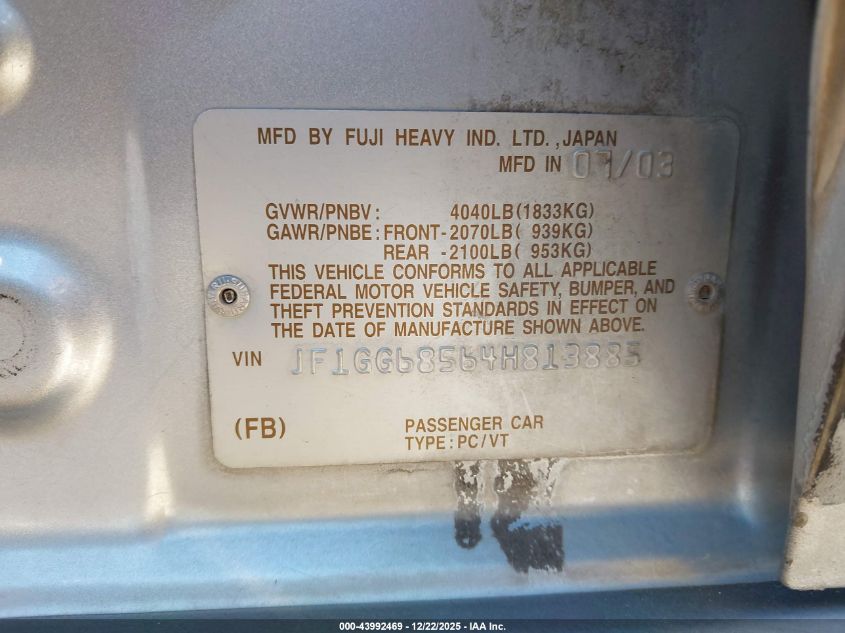 2004 Subaru Impreza Outback Sport VIN: JF1GG68564H813885 Lot: 43992469