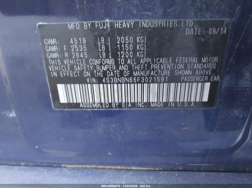 2015 Subaru Legacy 2.5I Limited VIN: 4S3BNBN66F3021591 Lot: 43992474