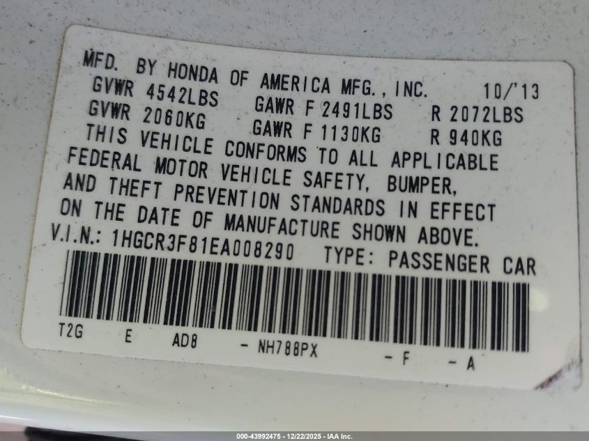 2014 Honda Accord Ex-L V-6 VIN: 1HGCR3F81EA008290 Lot: 43992475