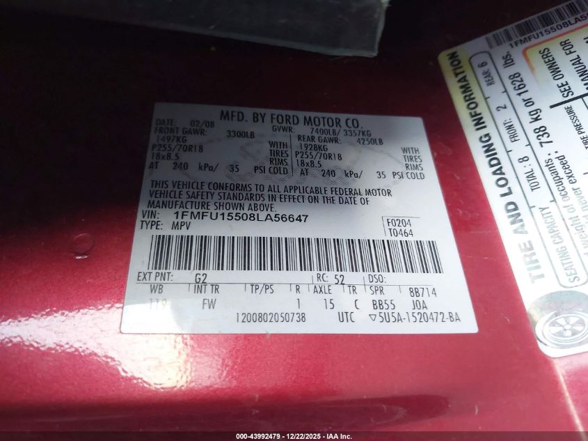2008 Ford Expedition Xlt VIN: 1FMFU15508LA56647 Lot: 43992479
