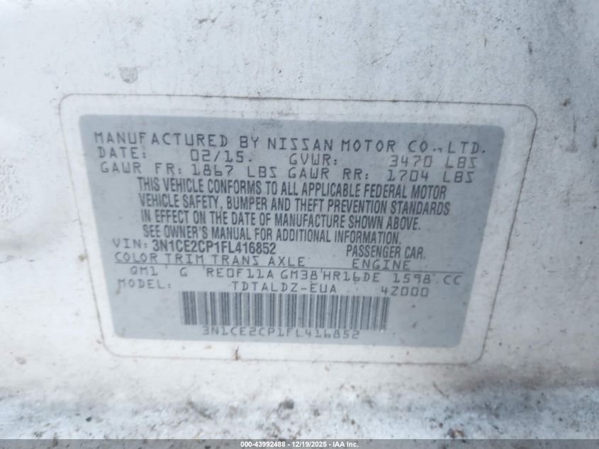 2015 Nissan Versa Note S (Sr)/S Plus/Sl/Sr/Sv VIN: 3N1CE2CP1FL416852 Lot: 43992488