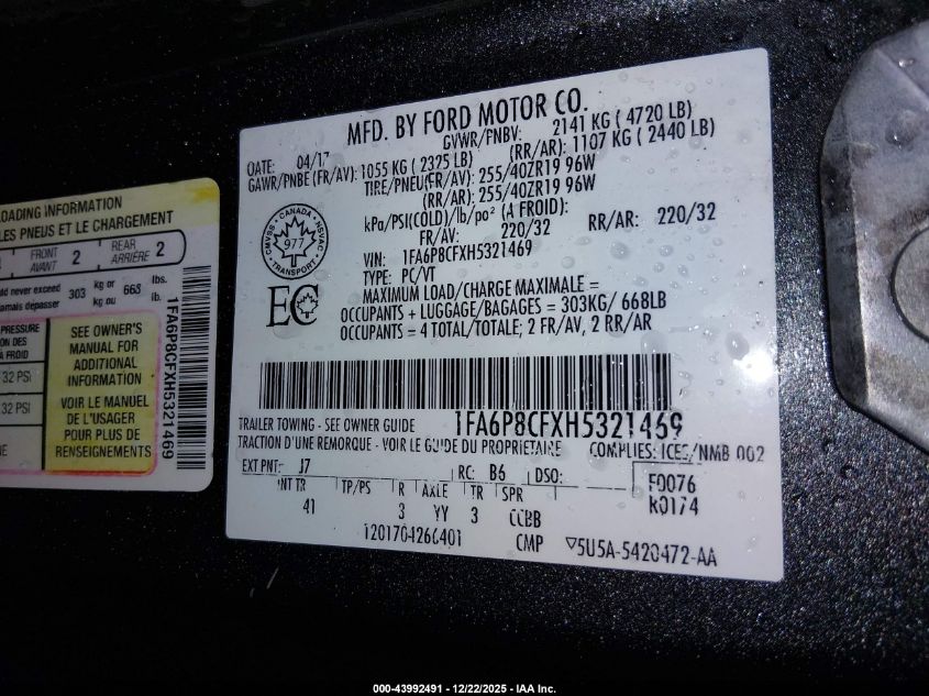 2017 Ford Mustang Gt Premium VIN: 1FA6P8CFXH5321469 Lot: 43992491