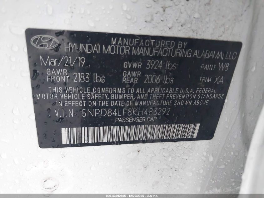 2019 Hyundai Elantra Sel VIN: 5NPD84LF8KH483292 Lot: 43992505