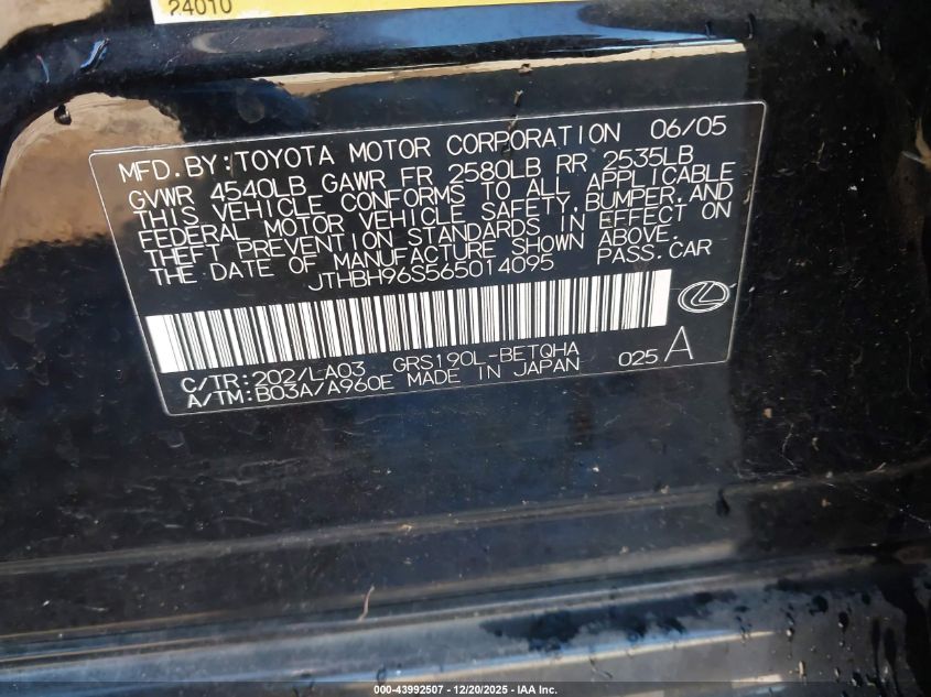 2006 Lexus Gs 300 VIN: JTHBH96S565014095 Lot: 43992507