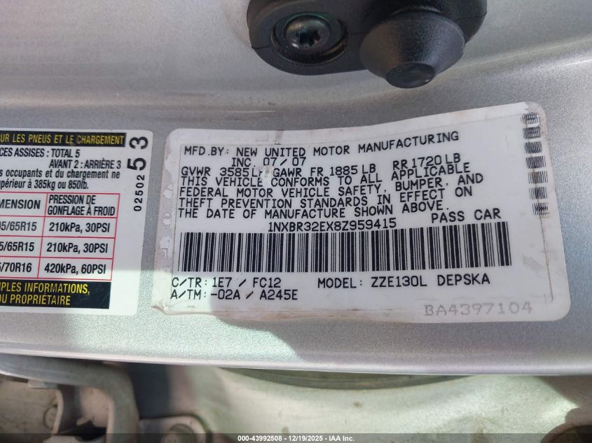 2008 Toyota Corolla S VIN: 1NXBR32EX8Z959415 Lot: 43992508