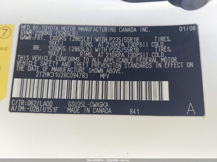 2008 Lexus Rx 350 VIN: 2T2HK31U28C094783 Lot: 43992516