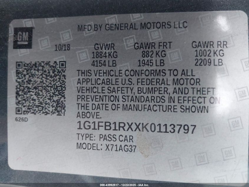 2019 Chevrolet Camaro 1Lt VIN: 1G1FB1RXXK0113797 Lot: 43992517