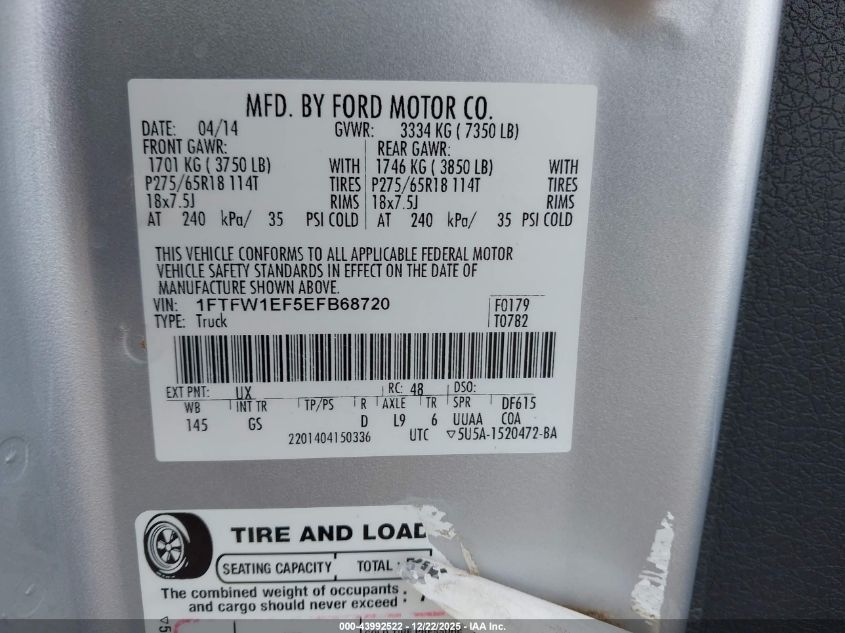 2014 Ford F-150 Xlt VIN: 1FTFW1EF5EFB68720 Lot: 43992522