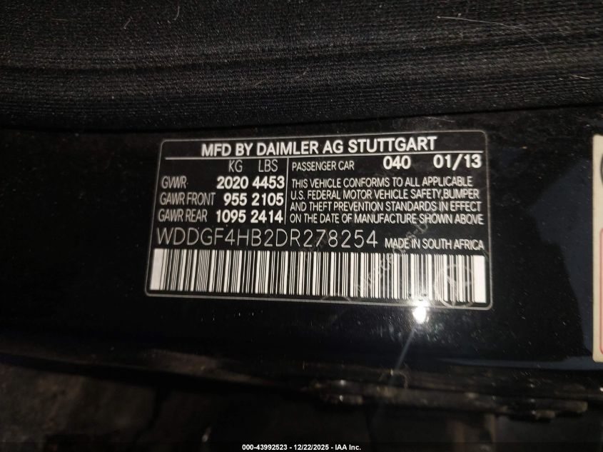 2013 Mercedes-Benz C 250 Sport VIN: WDDGF4HB2DR278254 Lot: 43992523