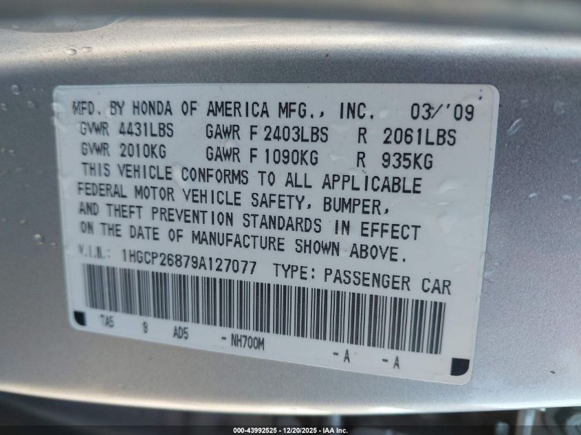 2009 Honda Accord 2.4 Ex-L VIN: 1HGCP26879A127077 Lot: 43992525
