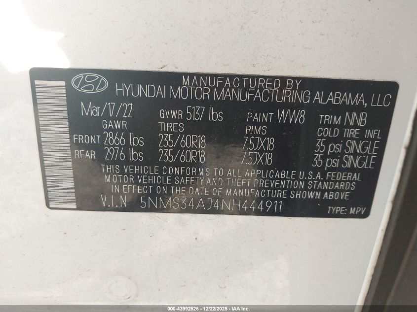 2022 Hyundai Santa Fe Sel VIN: 5NMS34AJ4NH444911 Lot: 43992526