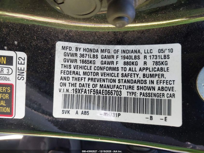 2010 Honda Civic Lx VIN: 19XFA1F59AE066703 Lot: 43992527