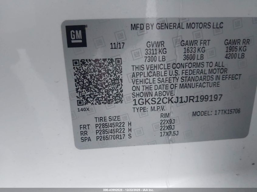 2018 GMC Yukon Denali VIN: 1GKS2CKJ1JR199197 Lot: 43992528