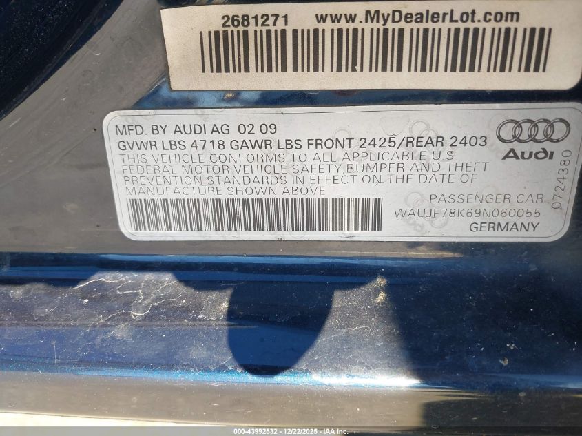 2009 Audi A4 2.0T Premium VIN: WAUJF78K69N060055 Lot: 43992532