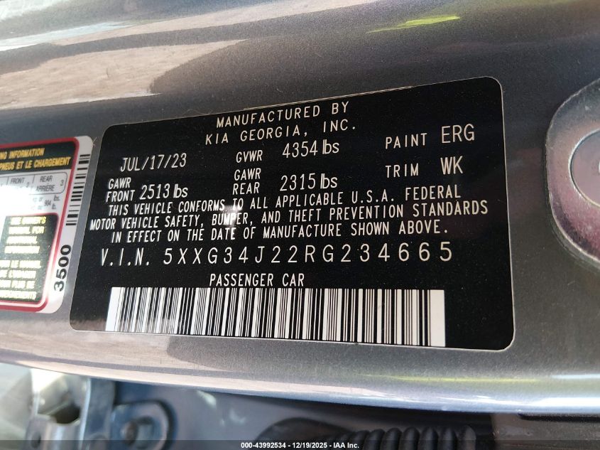 2024 Kia K5 Ex VIN: 5XXG34J22RG234665 Lot: 43992534