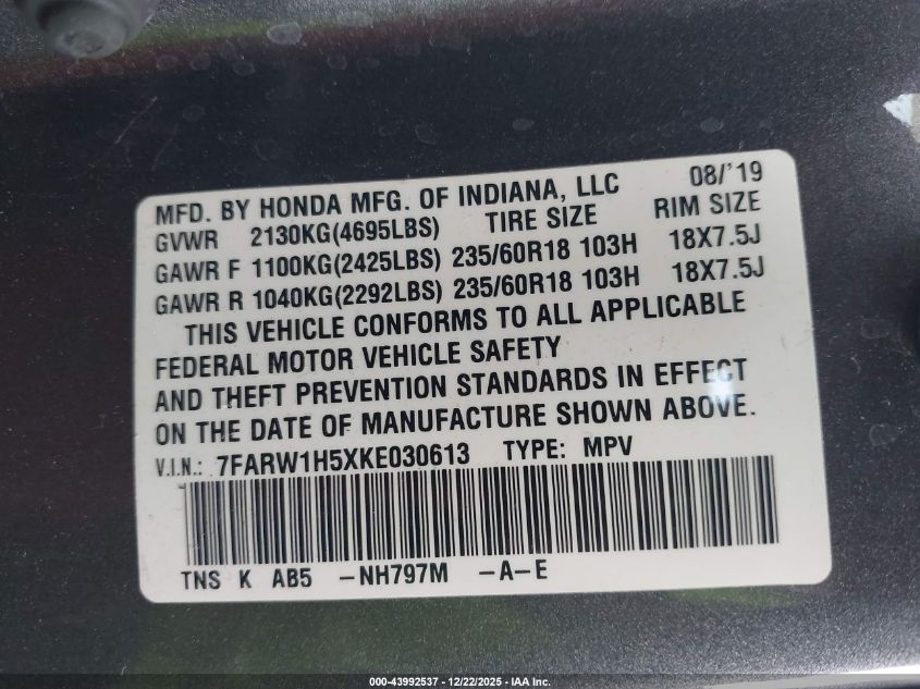 2019 Honda Cr-V Ex VIN: 7FARW1H5XKE030613 Lot: 43992537