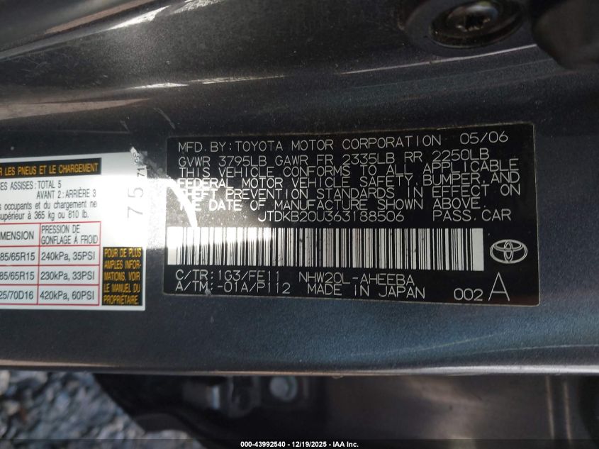 2006 Toyota Prius VIN: JTDKB20U363188506 Lot: 43992540