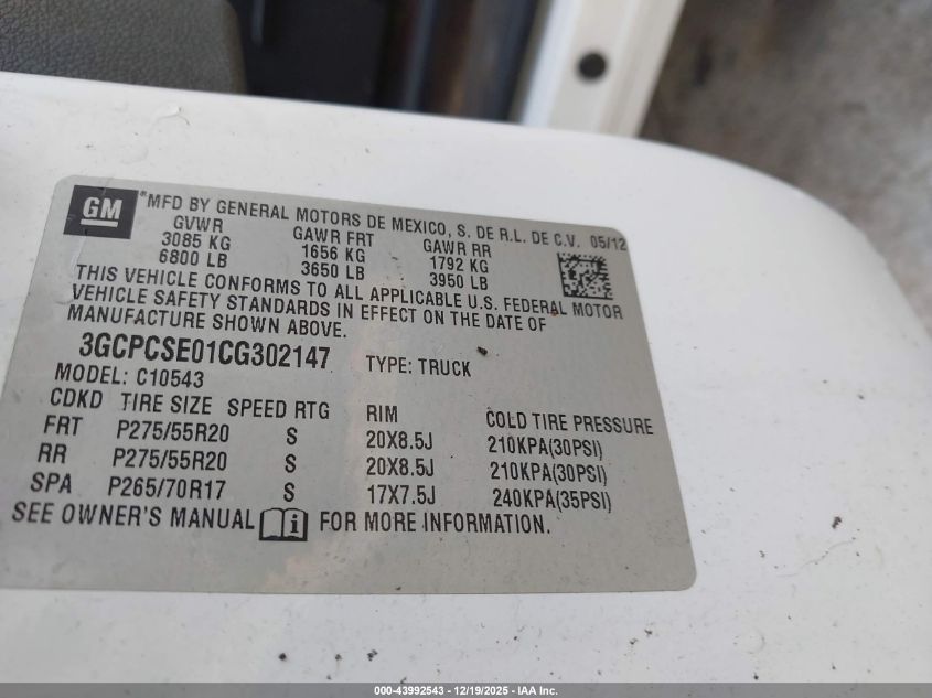 2012 Chevrolet Silverado 1500 Lt VIN: 3GCPCSE01CG302147 Lot: 43992543